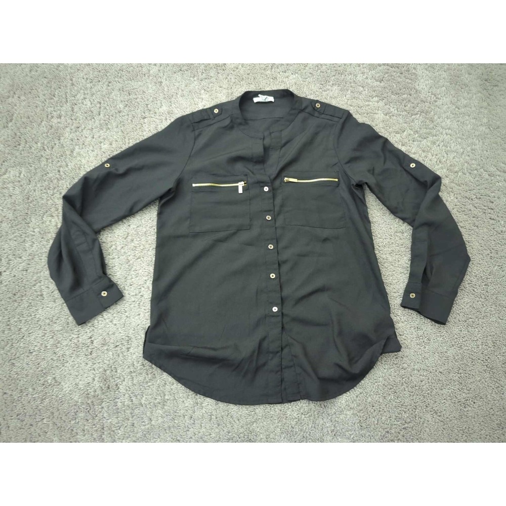 Calvin Klein Shirt Womens S Black Roll Tab Gold‎ Accents Military Inspired